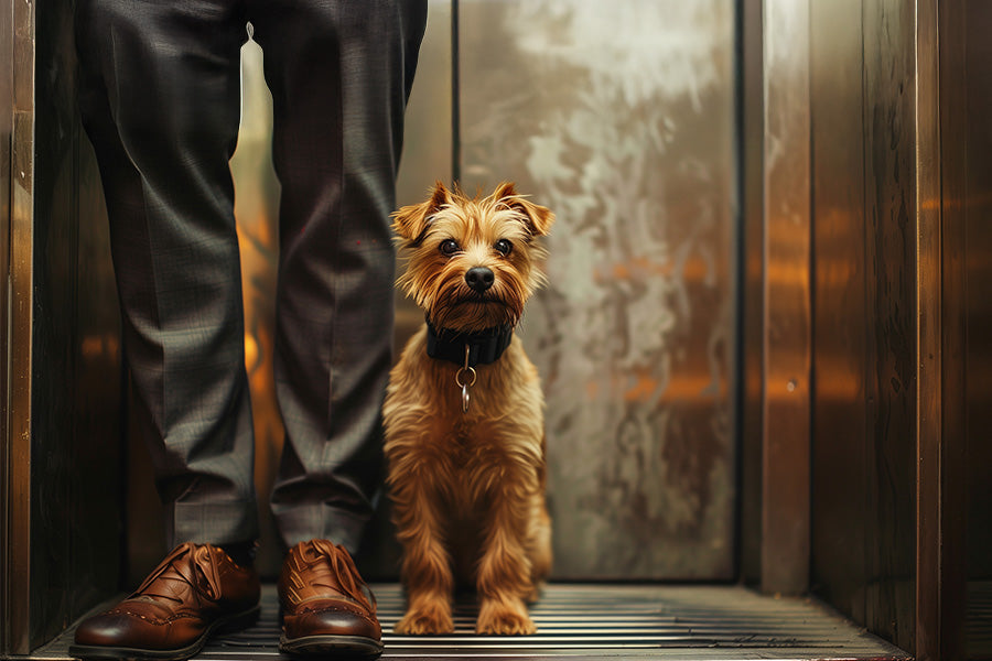 Small terrier dog standing beside its owner inside an elevator with metallic walls, looking up attentively.